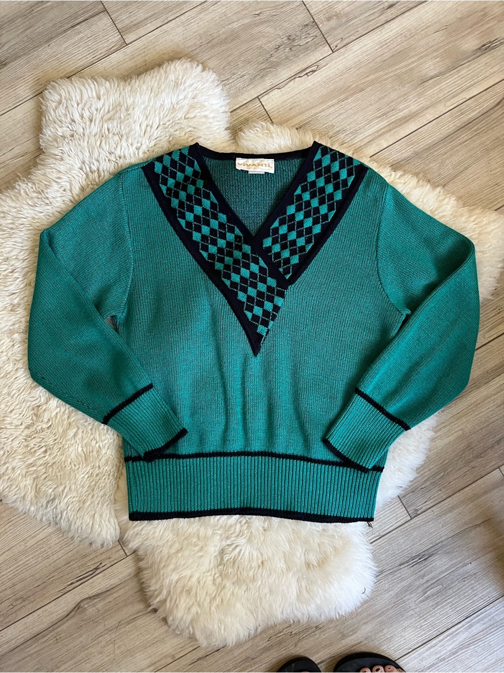 Teal V-Neck Diamond Knit Sweater with Black Trim